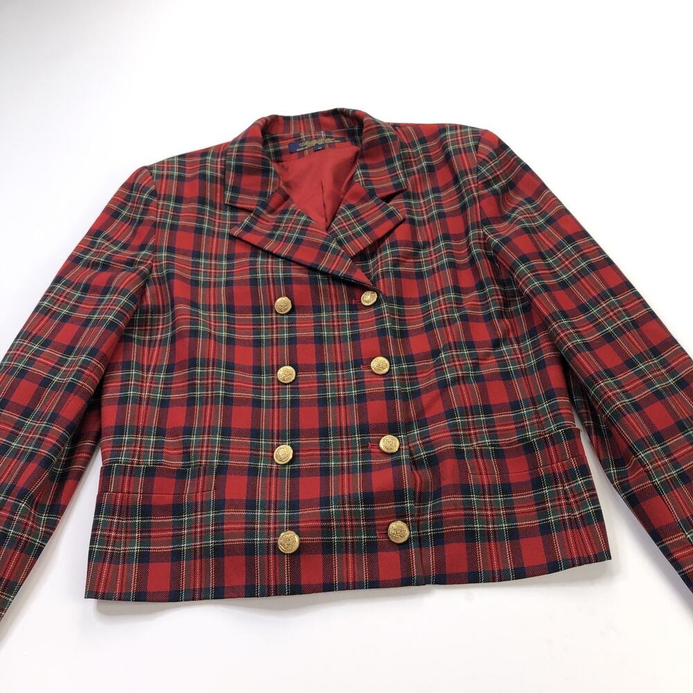 Brooks Brothers 14 Womens 100% Wool Double Breasted Blazer Jacket Tartan Plaid